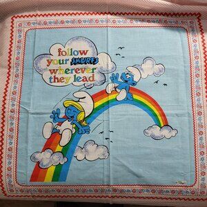 Vintage 80's Smurfs Fabric Quilt Panel Peyo Wallace Berrie Smurfette Rainbow